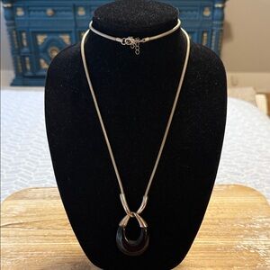 Vintage Silver Tone Black Large Long Pendant Statement Necklace